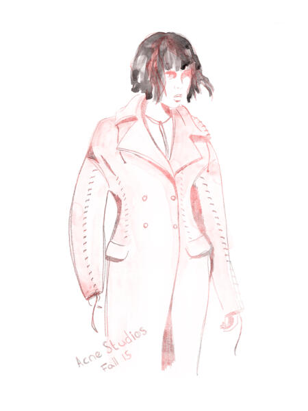 Fashion illustration of Acne Studios Fall 2015 collection. Model wearing a pink coat. Water color and pencil illustration.