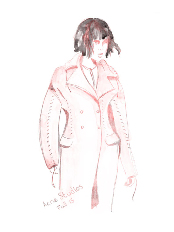 Fashion illustration of Acne Studios Fall 2015 collection. Model wearing a pink coat. Water color and pencil illustration.