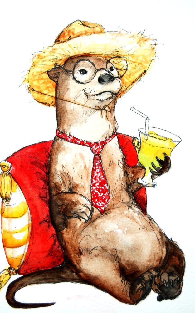 Otter with a drink, a hat and a tie