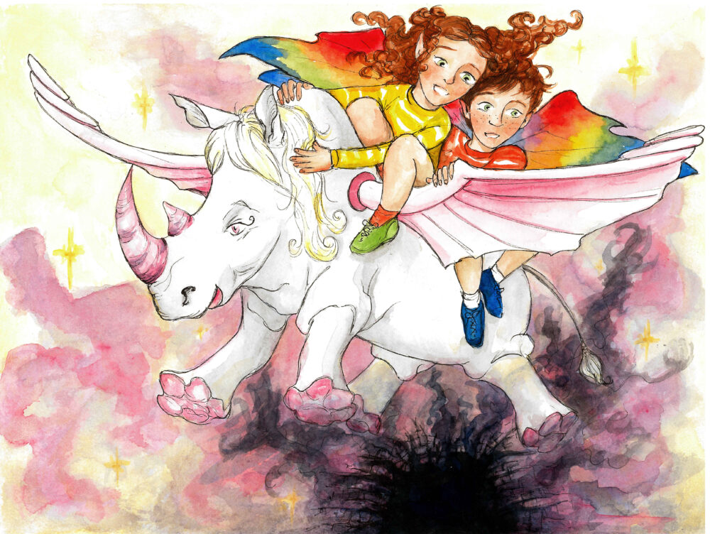 A flying rhino with kids