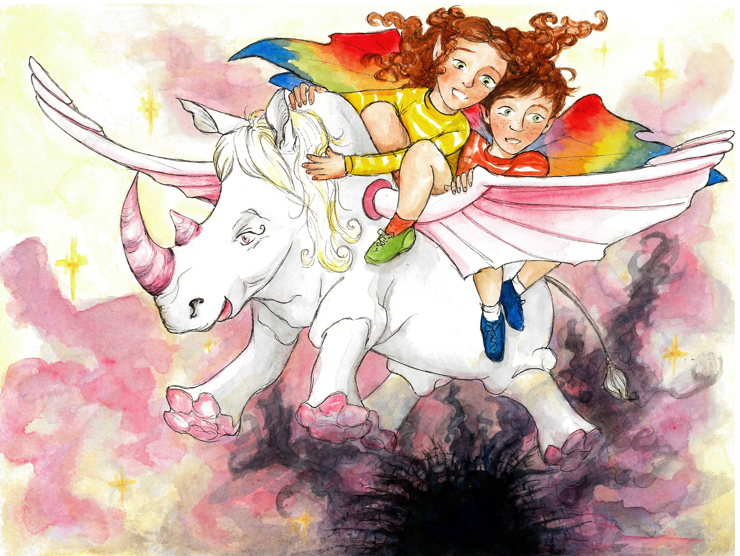 A flying rhino with kids