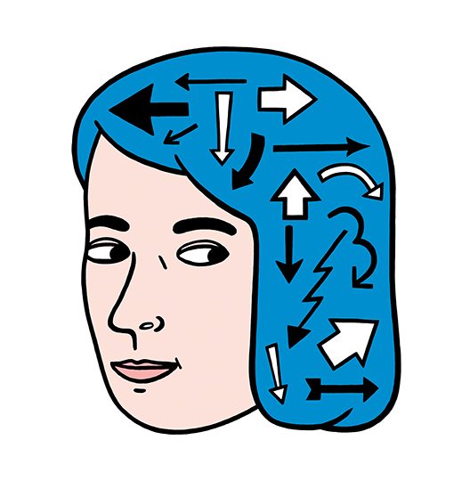 Illustration med ett ansikte och pilar som symboliserar idéer och strategier