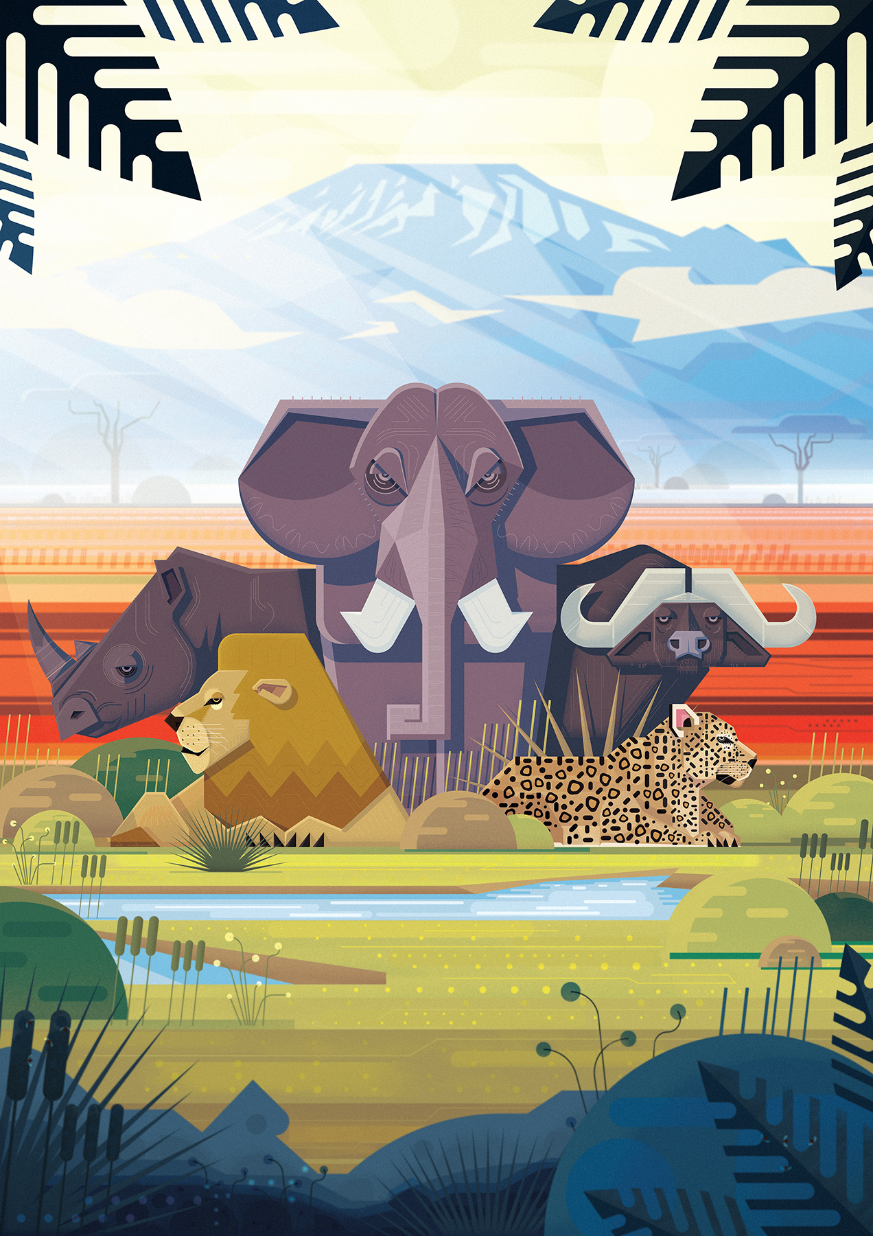 Big Five, djur, savann, elefant, leopard, Buffel, Lejon, Noshörning, bok illustration, bildbok