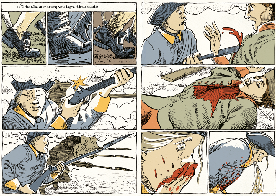 Historical comic page depicting Swedish soldiers from the 1700-s.
