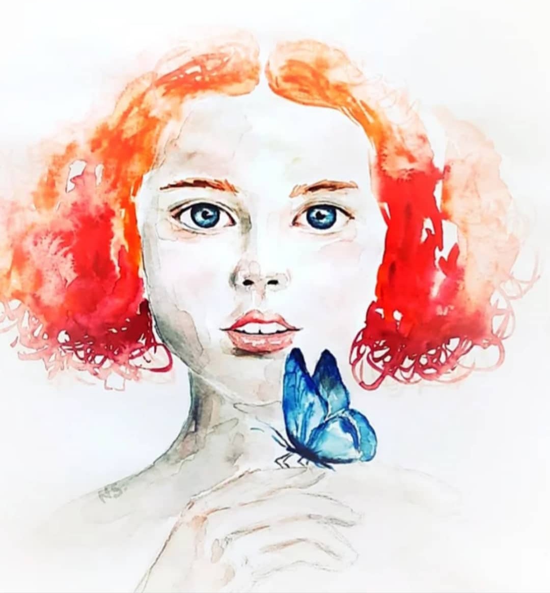 akvarell portätt av en rödhårig flicka som håller i en blå fjäril