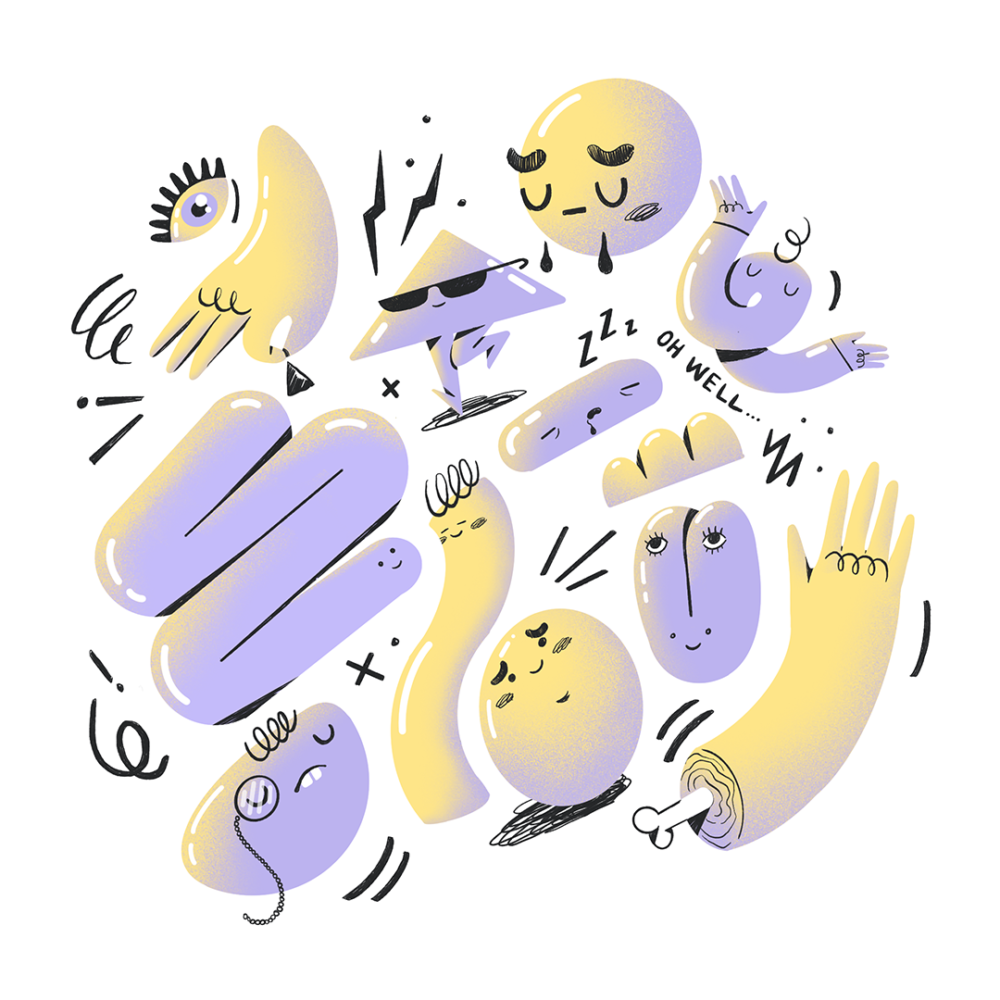 Illustration av grupperade figurer i gul och lila som visar olika känslor