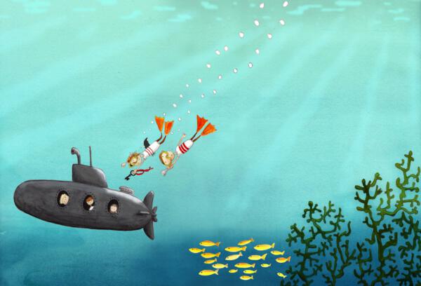 Två pojkar med snorkel och cyklop dyker ner till en ubåt. Ett fiskstim och sjögräs syns vid sidan.