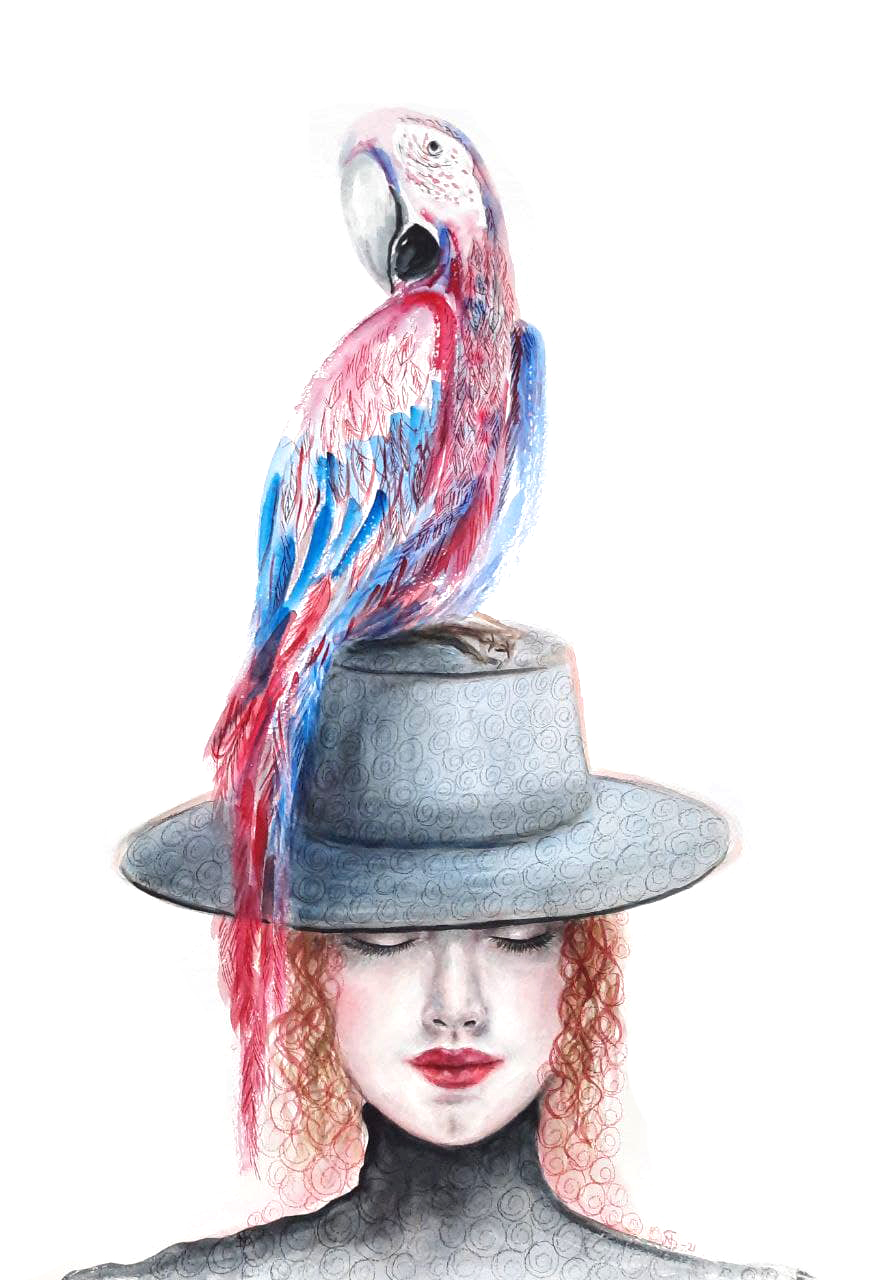 akvarell målning , en represantion av verbal kommunikation, flicka med en papegoja på huvudet