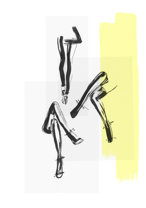 Ink illustration of stockings, legs, shoes