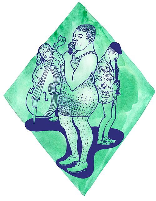 Illustration på temat kultur, liten orkester med basist, sångerska och klarinettist på grön bakgrund.