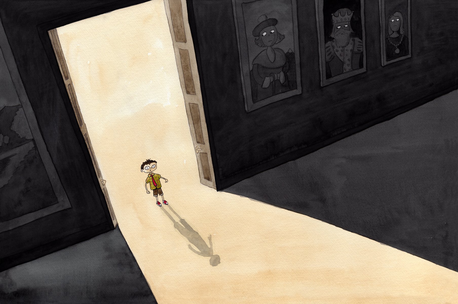 En liten pojke står i dörröppningen in till ett stort mörkt rum. Han står som förstenad med uppspärrade ögon.