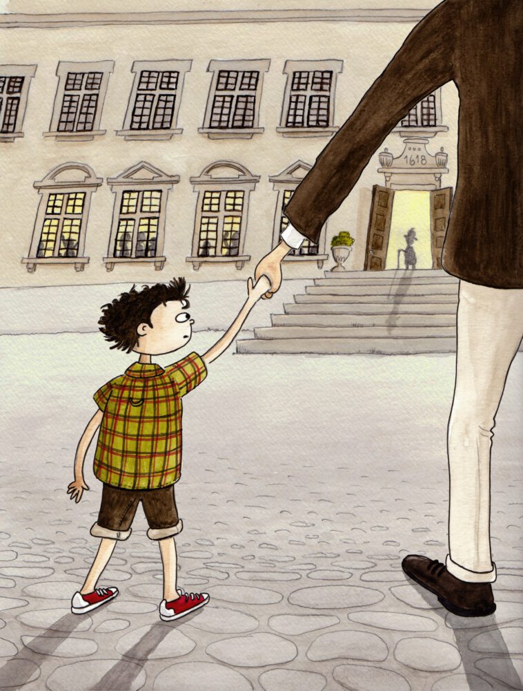 En liten pojke håller sin pappa i handen. Pojken tittar oroligt upp mot ingången till ett stort slott.