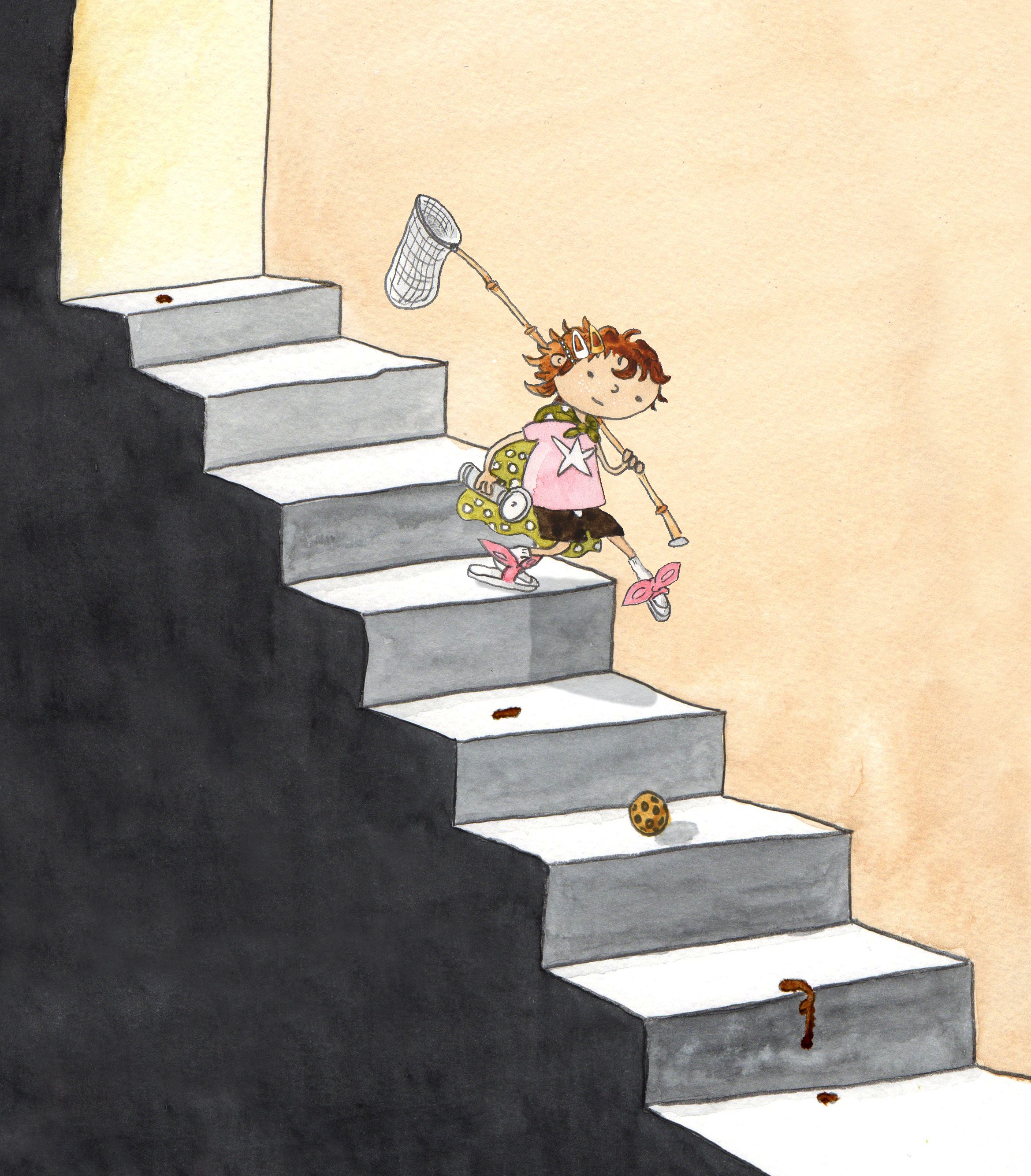 En flicka går nerför en trappa till en källare.  Hon bär på en håv och haren ficklampa i handen.