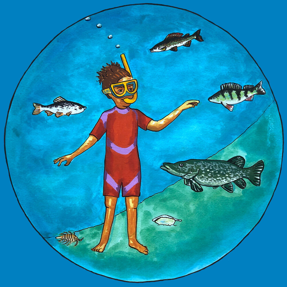 Färgmålning av en flicka under vatten med snorkelutrustning och baddräkt och havsfiskar omkring henne.
