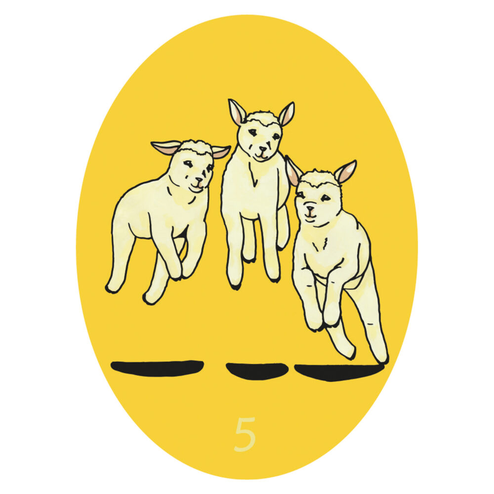 Målning i färg av 3 skuttande lamm.