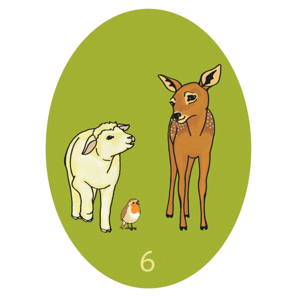 Målning av en lamm, en rödhake och ett ung hjort som går tillsammans.