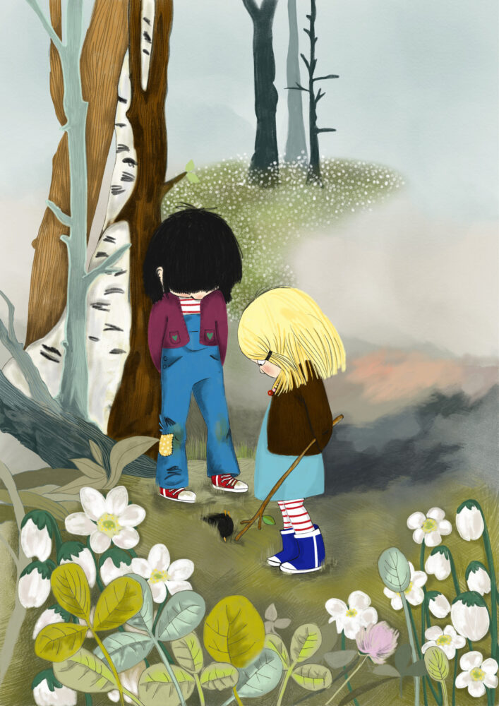 illustration på flickor i skogen som hittar en död fågel, vitsippor, illustration ur Marta och himlen