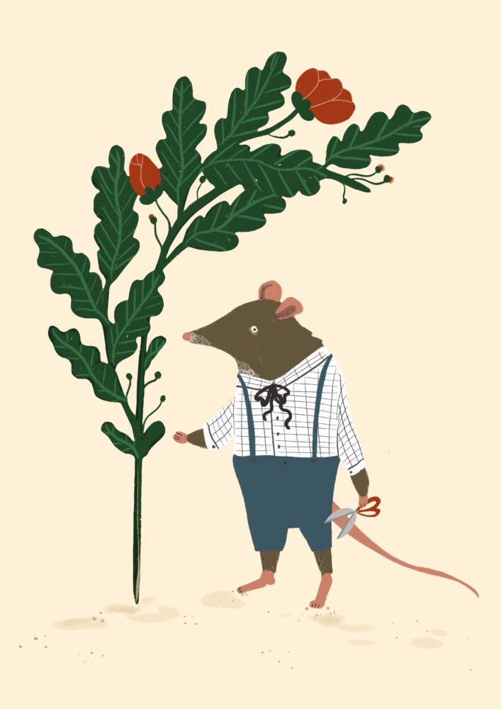 En barnslig illustration med en söt mus i skjorta och hängselbyxor, med en sax under en stor blomma.