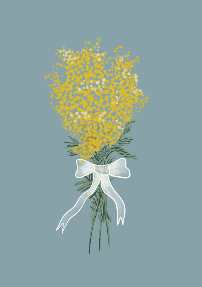 Illustration av en bukett gula mimosa-blommor och en vit skir rosett på en blå bakgrund.