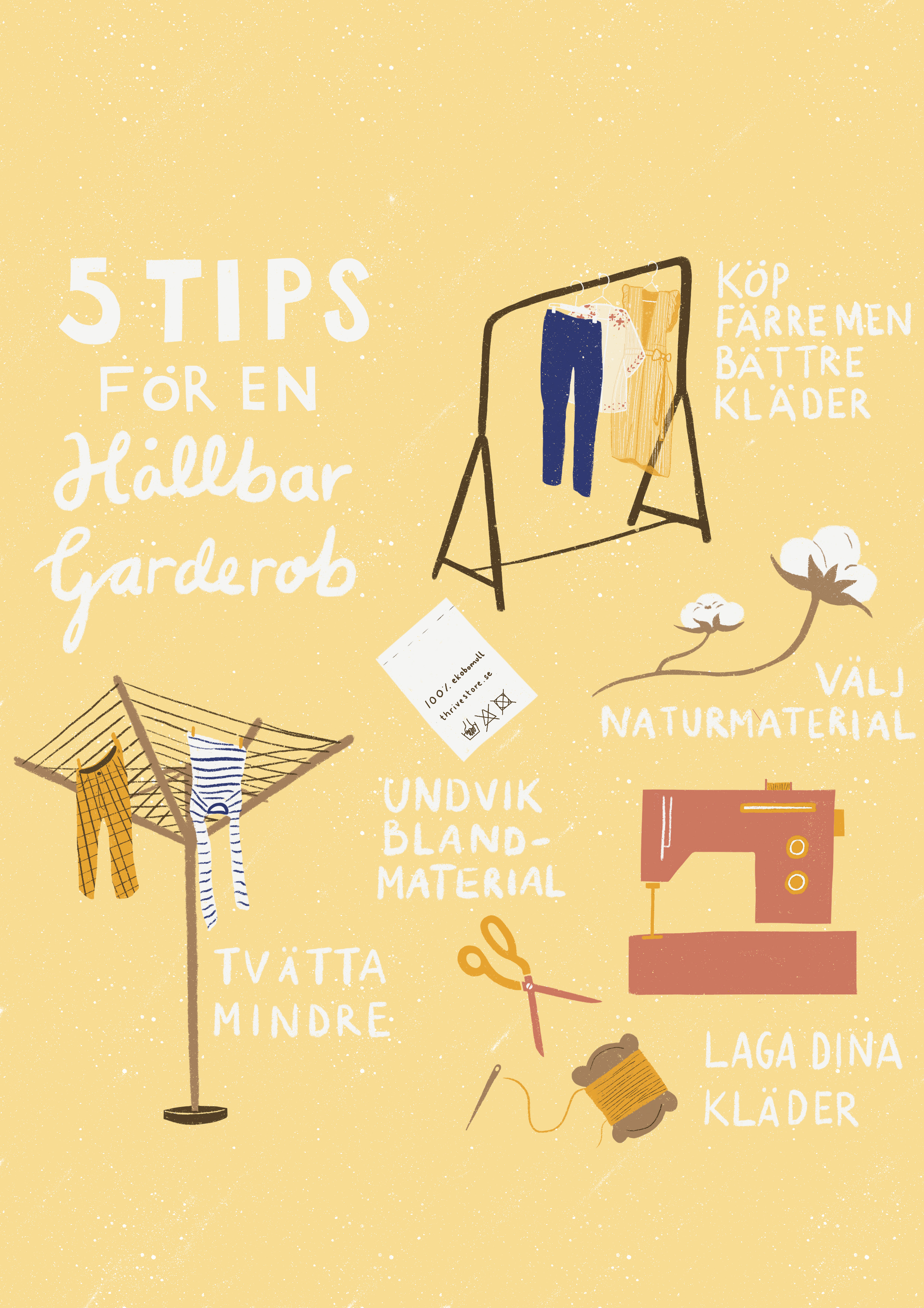 Informativ illustration med fem tips för att skapa en hållbar garderob, t.ex tvätta mindre, laga dina kläder och välj naturmaterial.