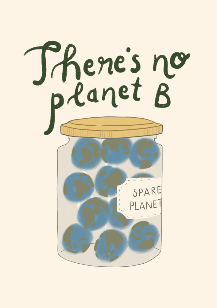 Digital illustration som föreställer massor av jordklot i en glasburk och handritad text - There's no planet B.