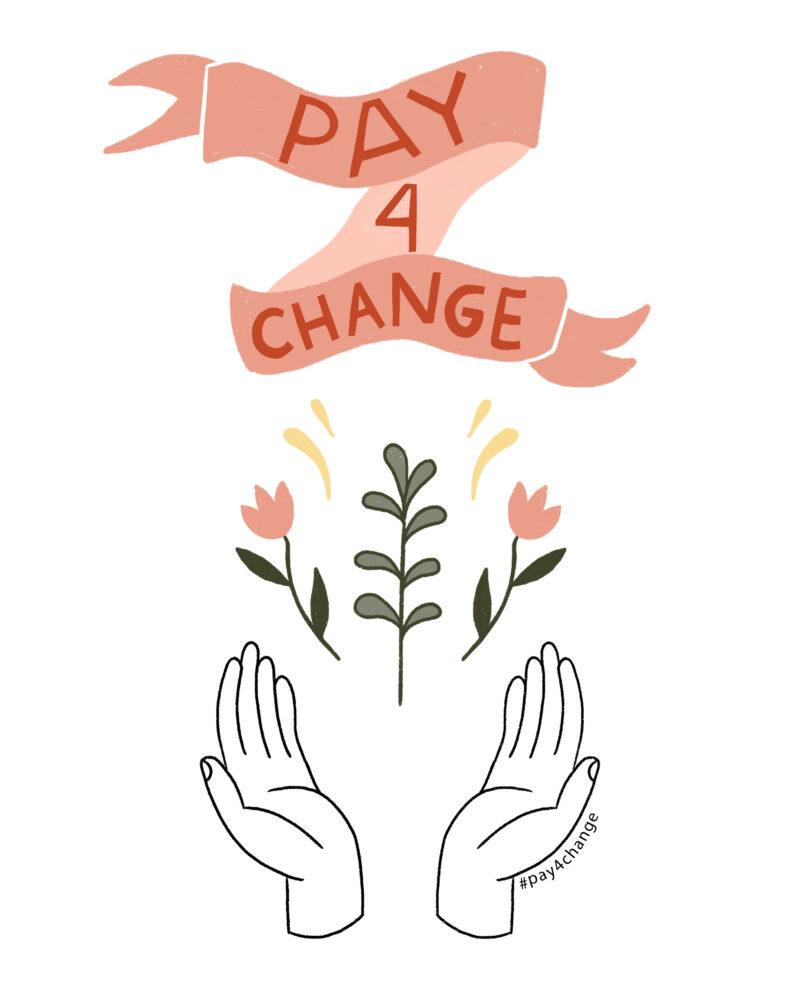Digital illustration som föreställer ett par händer, blommor och en banderoll med en handritad text som säger Pay 4 Change.