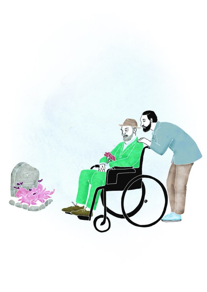 Besöka en grav man i rullstol