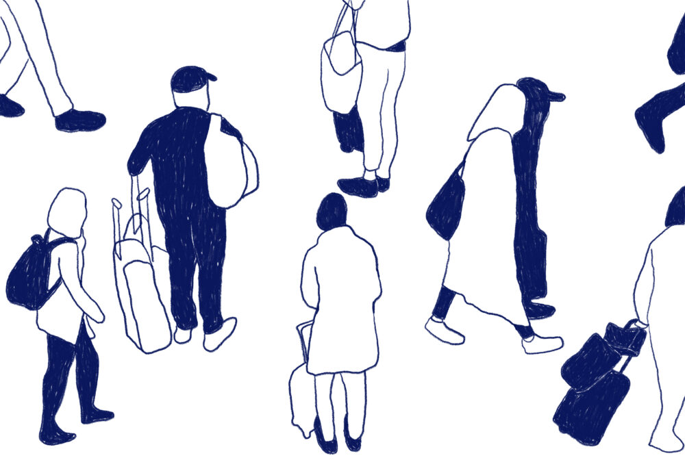 Digital illustration av människor med rullväskor som står och väntar eller är på väg någonstans