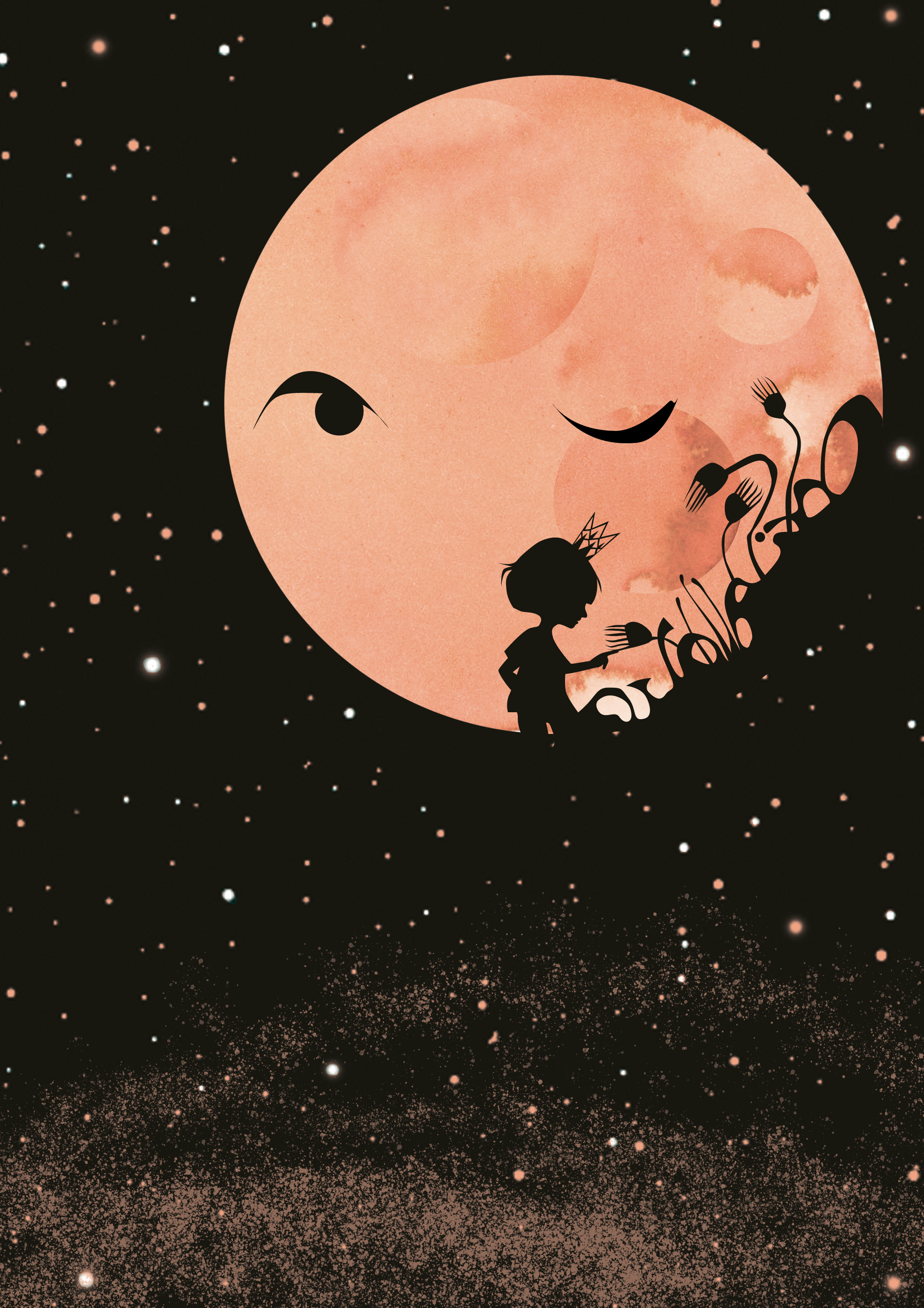 Flicka i svart silhuett mot bakgrund av en stor ljusröd måne och en svart stjärnbeströdd himmel.