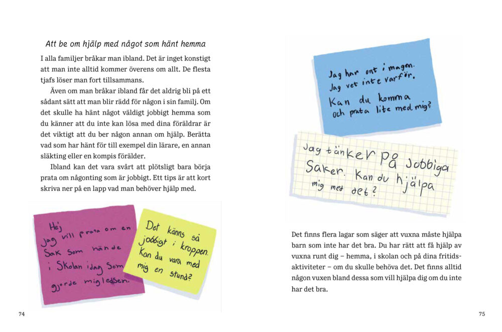 Bokuppslag med text samt  illustrationer på fyra lappar med handskriven text i barnslig stil.