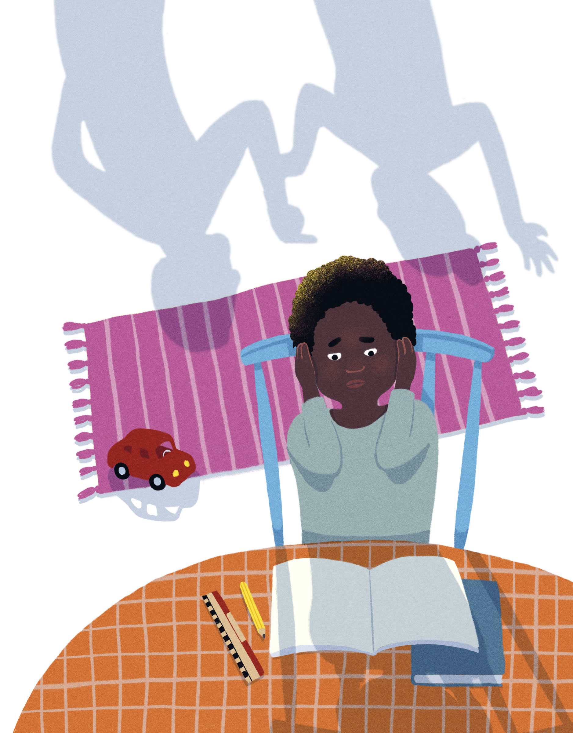 Illustration på ett oroligt barn vid ett köksbord med skolböcker. I bakgrunden syns skuggorna av ett grälande par.