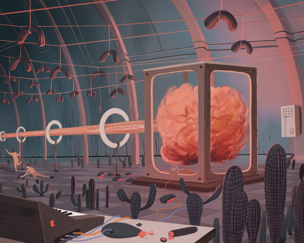 Colourful illustration depicting laboratory with mutant cactuses and strange energy source.