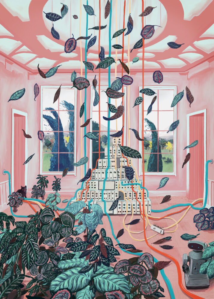 Colourful illustration of interior with synths and plants in strange symbiosis.