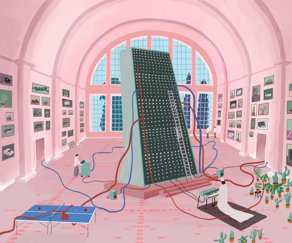 Strange pink hospital interior with giant synth life support machine.