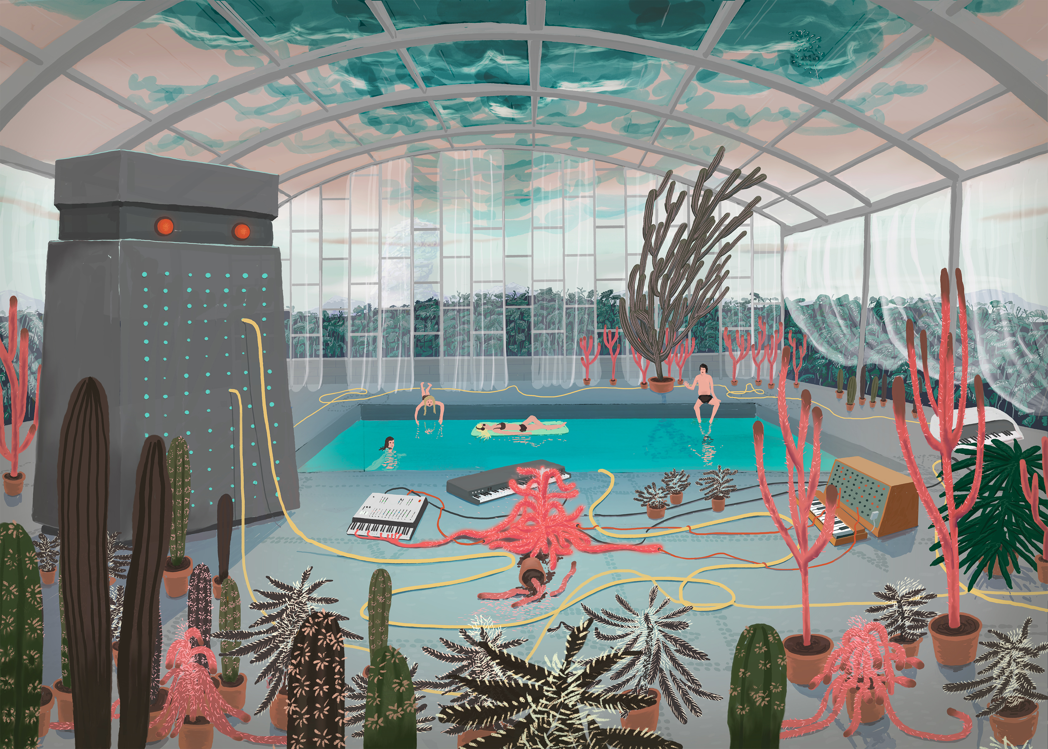 Colourful illustration depicting people hanging out at pool with synths and cactuses.