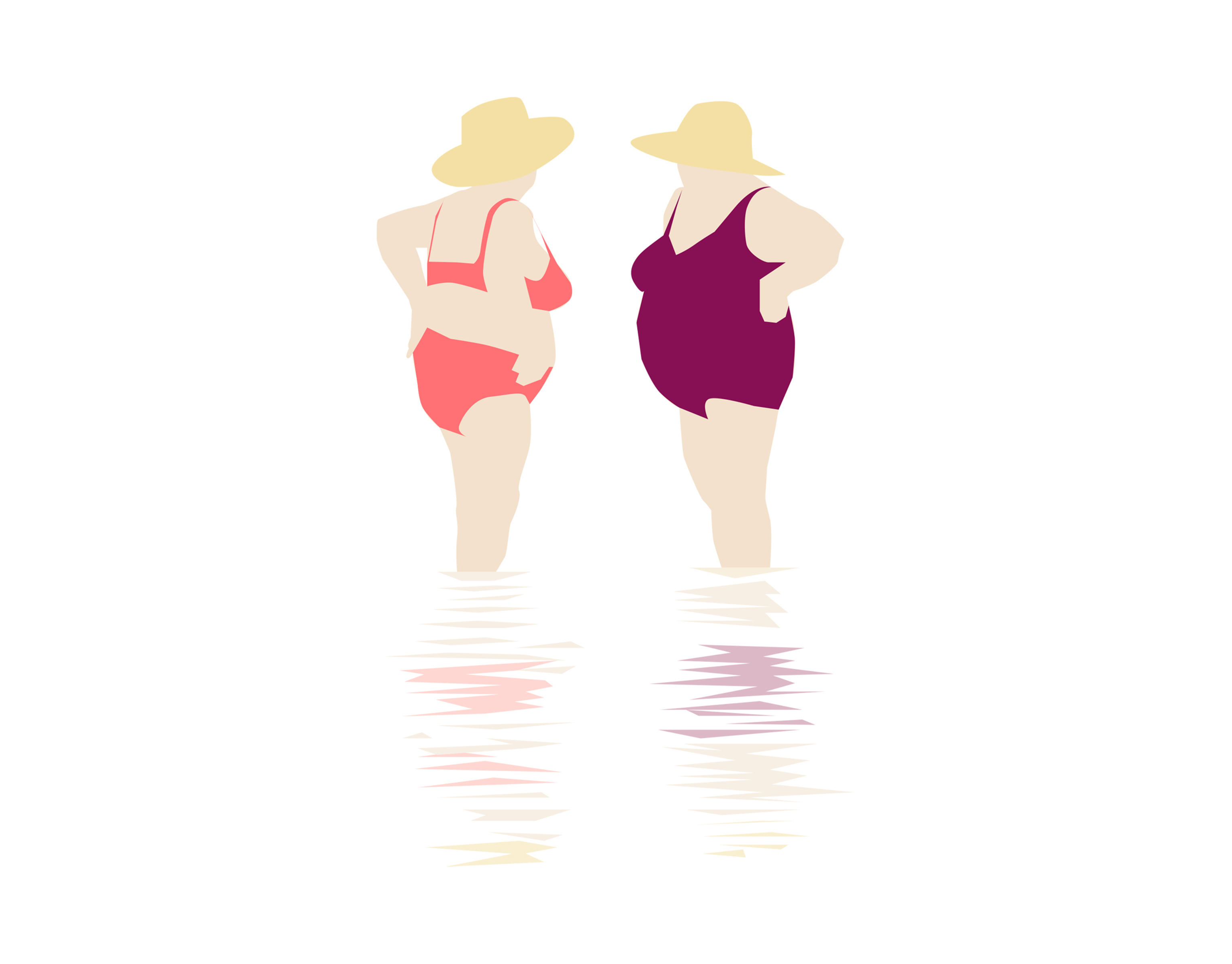 Två damer står i baddräkt i vatten