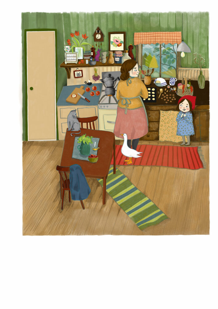 Rödluvan hemma med sin mamma i köket. Detaljerat