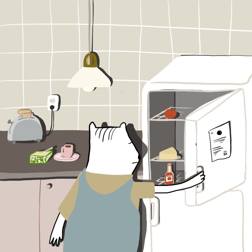 björn öppnar kylskåpet, där finns bara ost, tomat, ketchup, i köket finns bröd, kaffe, smör och brödrost 