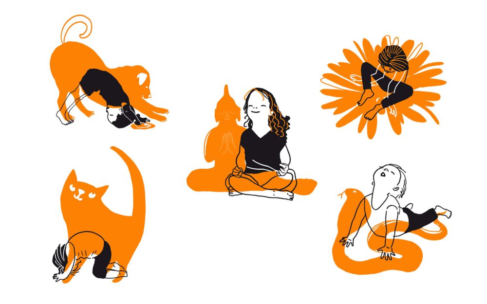 Olika yogapositioner från barnboken Yoga med barn. Hunden, katten, meditation, blomman och kobran. Barn och djur i grafiskt svart och orange.