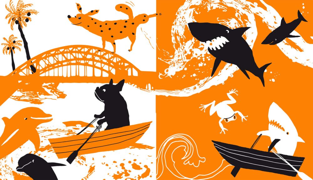 Uppslag ur barnboken Yoga med barn. En yoga saga med hajar, delfiner, hundar, bro, båtar och en groda i grafiskt svart och orange.
