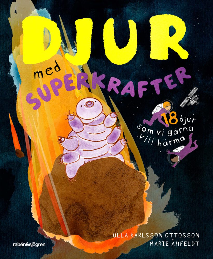 Omslagsbild av barnboken Djur med superkrafter i kollage. Björndjur i rymden på en meteor och barn astronauter svävar.