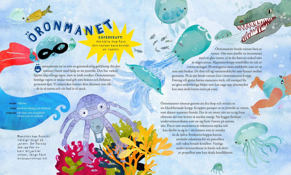 Uppslag ur barnboken Djur med superkrafter. Här är maneterna i havet med koraller i akvarell.