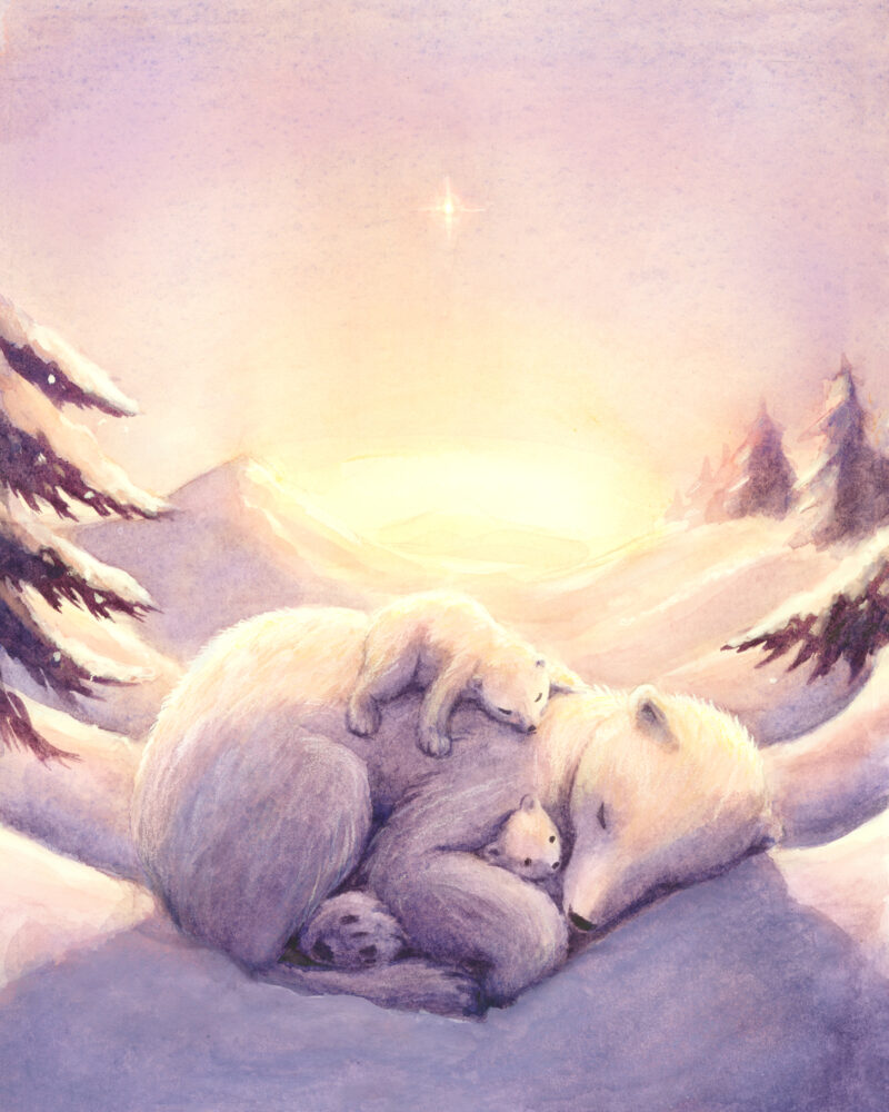 "Morgonstjärna" Julkort, isbjörnar, akvarell. Illustrationer i akvarell till julkort för Pandaförsäljningen, där en del av vinsten går till WWFs arbete. Temat är svensk natur och djur med en magisk känsla.