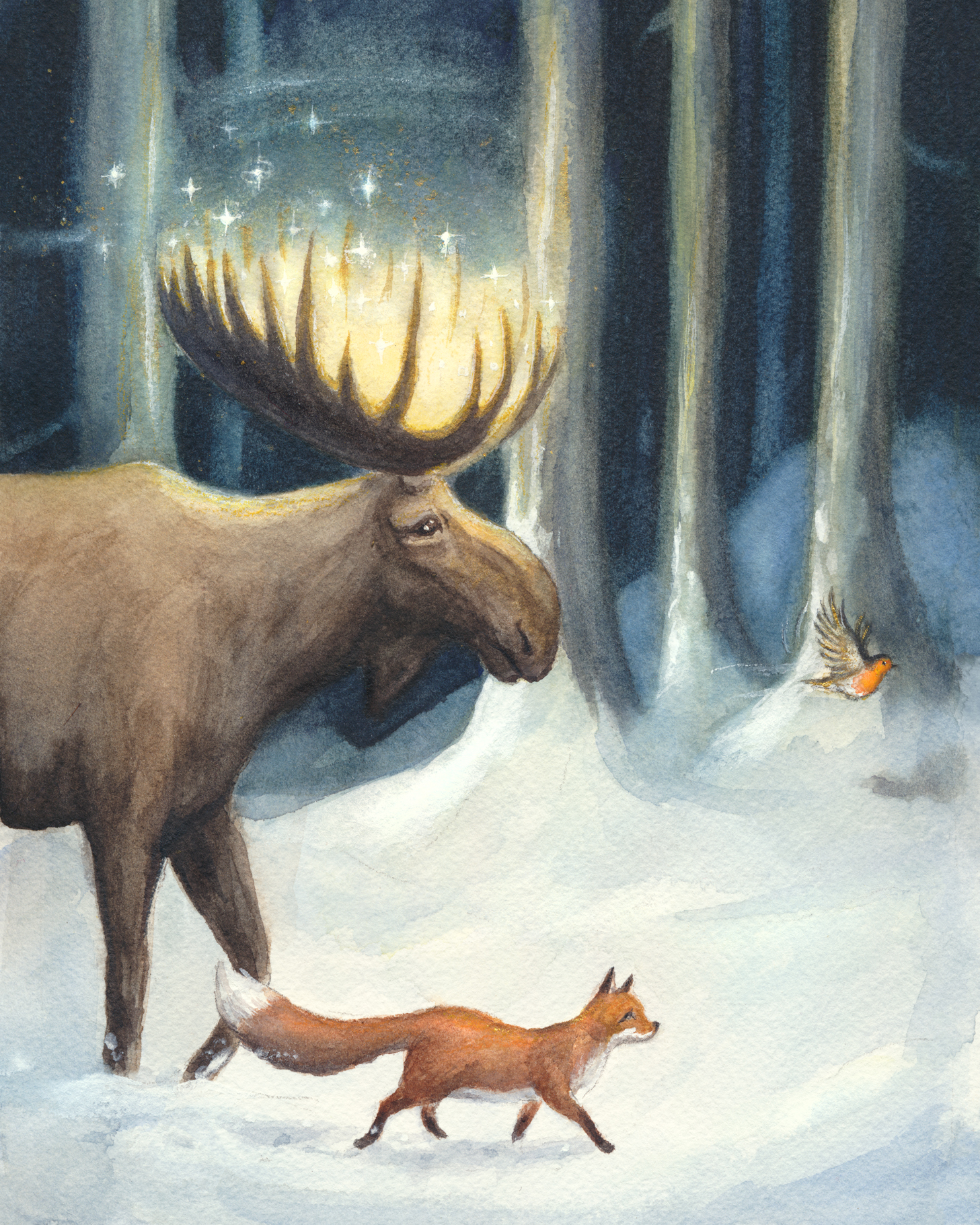"Midvintersnatt". Julkort med älg, räv och rödhake i snöklädd vinterskog. Illustrationer i akvarell till julkort för Pandaförsäljningen, där en del av vinsten går till WWFs arbete. Temat är svensk natur och djur med en magisk känsla.