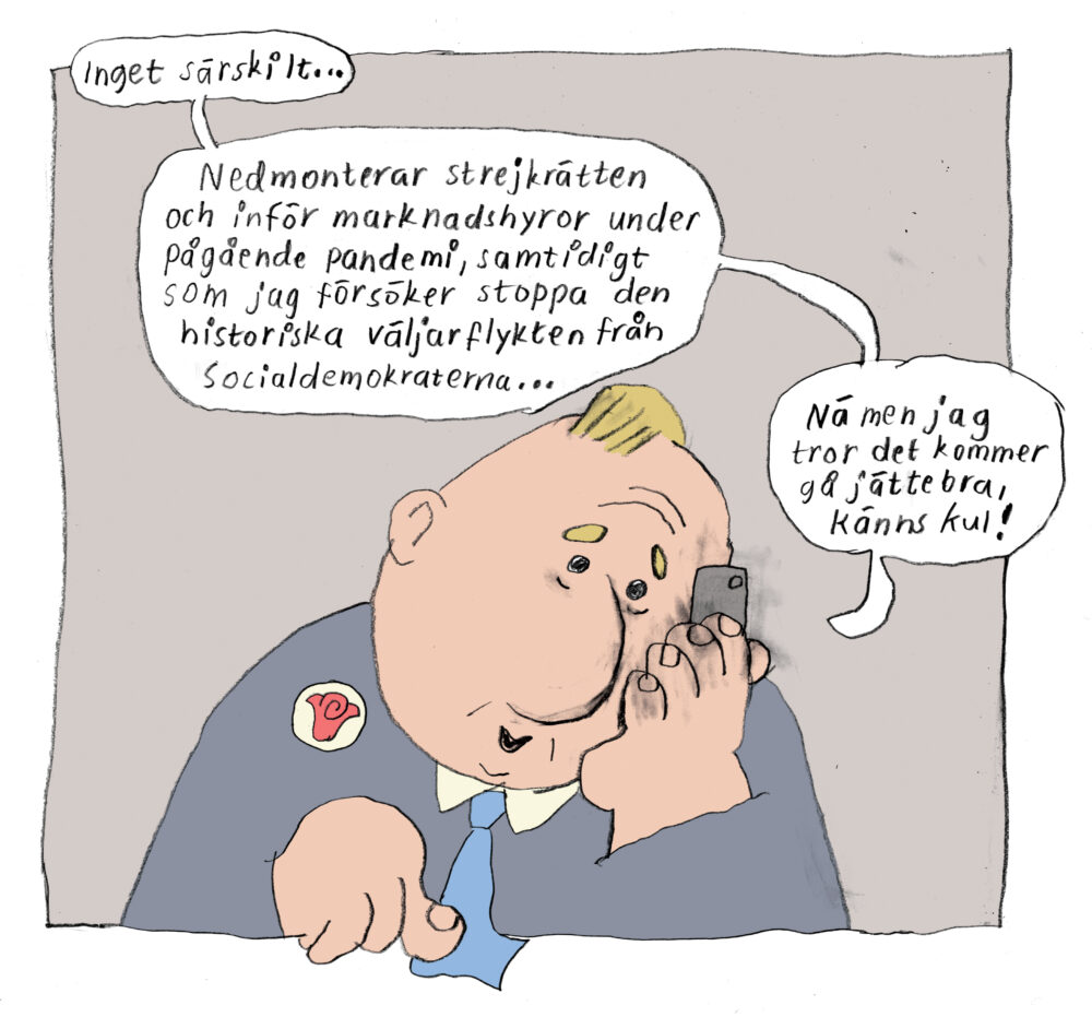 Karikatyr föreställande statsminister Stefan Löfvén