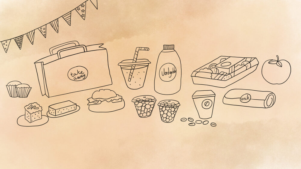 Illustration av muffins, mackor, morotskaka och smoothie