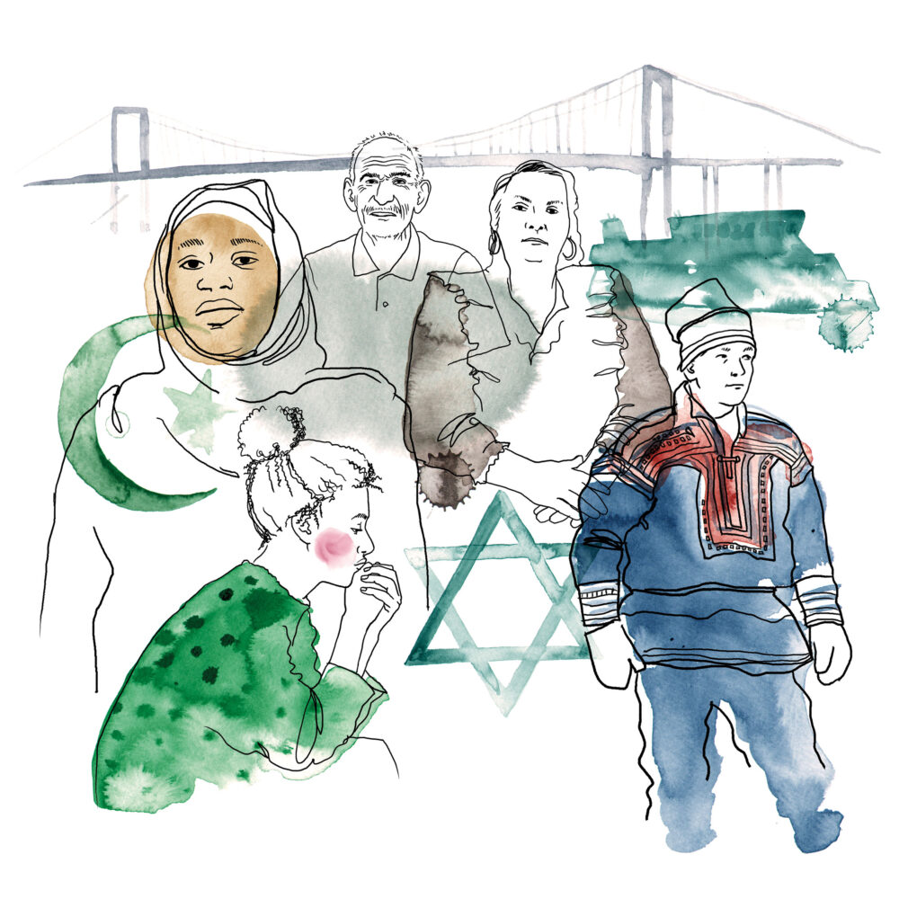 Illustration till Göteborgs stad mot rasism. Bilden är ett collage av teckning och akvarell och föreställer en same, jude, rom, davisdsrjärna, religion, muslim.  Illustrationen är i färgerna, blå, grön, röd, turkos, lila, rosa.