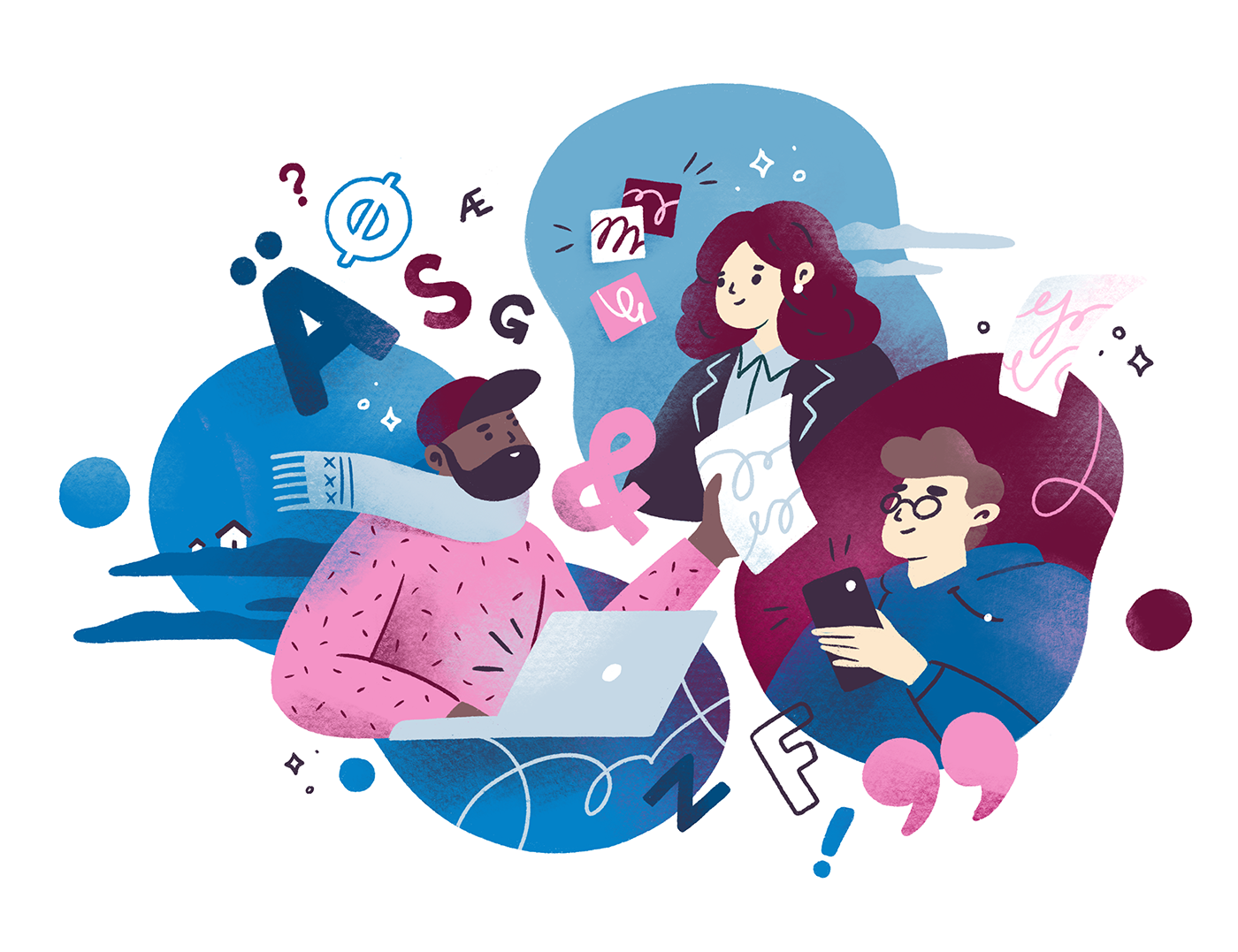 Illustration med tre personer som kommunicerar och samarbetar vid respektive dator mobil och papper