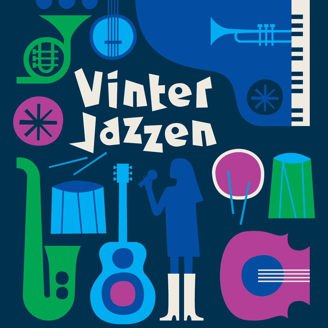 Animation av en jazz affisch med sångerska och instrument i blue note retro stil