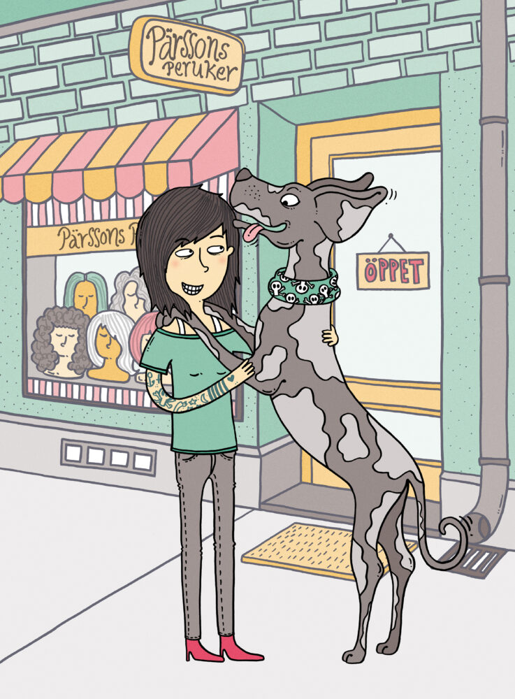 Illustration med kvinna och en stor hund utanför en perukaffär.